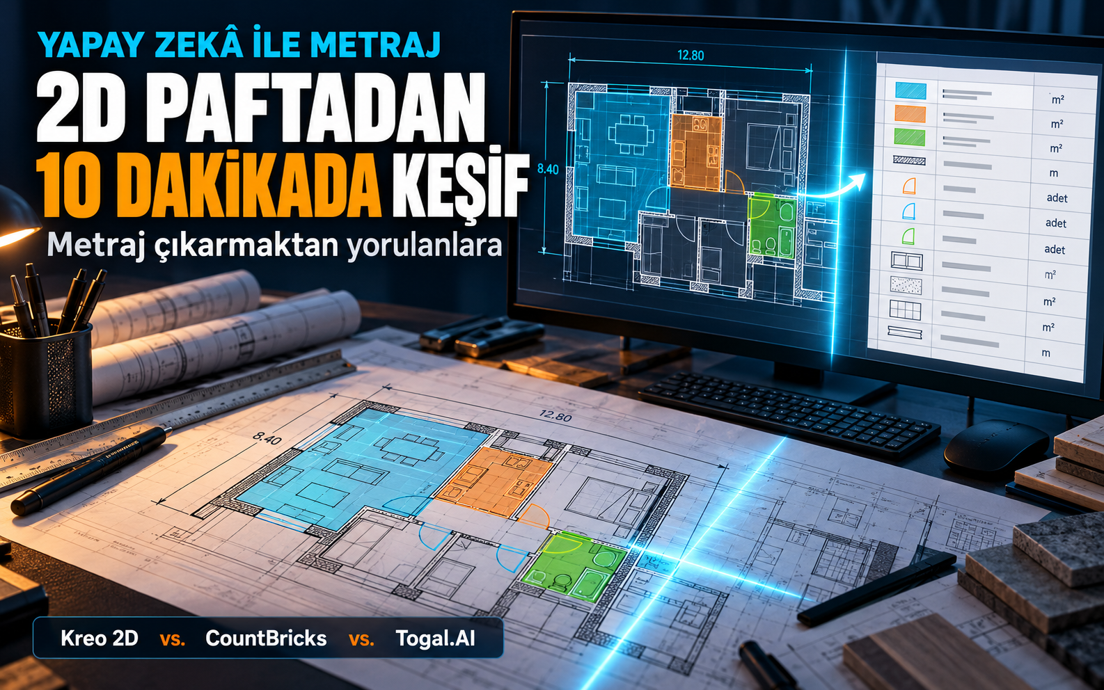 Metraj Çıkarmaktan Yorulanlara: Yapay Zekâ ile 2D Paftadan 10 Dakikada Keşif Alma (Kreo 2D vs. CountBricks vs. Togal.AI)